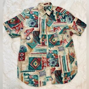 💫Vintage 90s Southwestern Artsy Geometric Colorblock Floral Multicolor Shirt